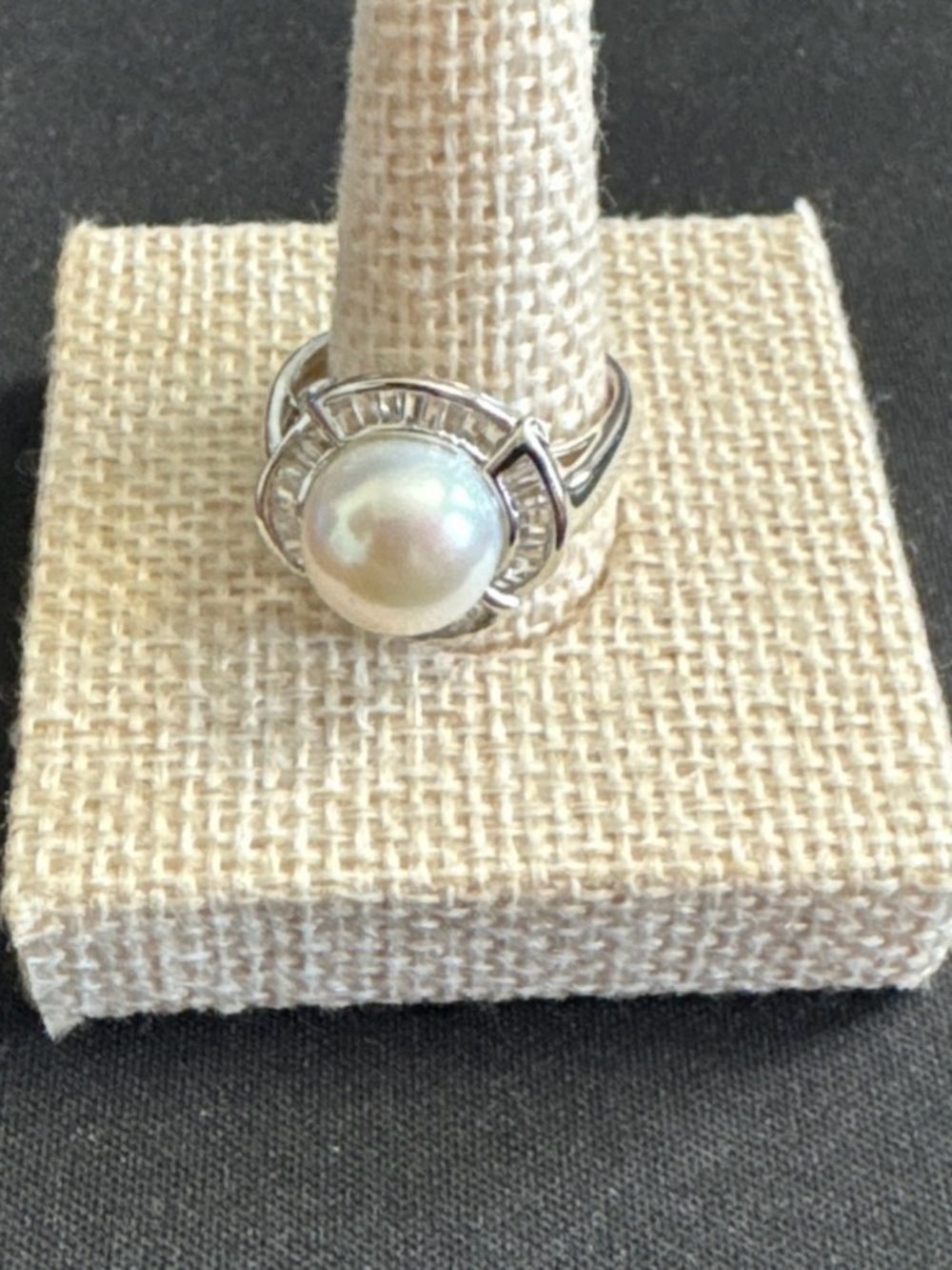 Elegant SS Round White Pearl Halo Ring surrounded by CZ Baguette Crystals